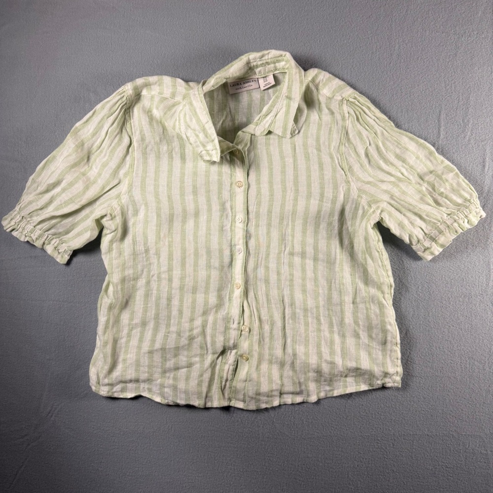 Laura Ashley Green White Striped 100% Linen Puff Sleeve Button Down Shirt M